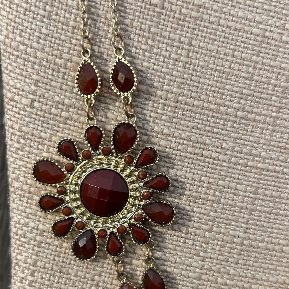 Vintage Gold-Tone Necklace with Deep Red & Burnt Orange Floral Drops - Picture 5 of 11